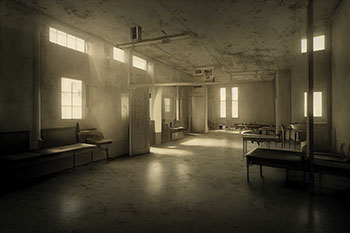An empty institutional room with old beds and quiet light