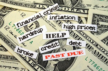 Financial crisis, debt, help, and past due words over money