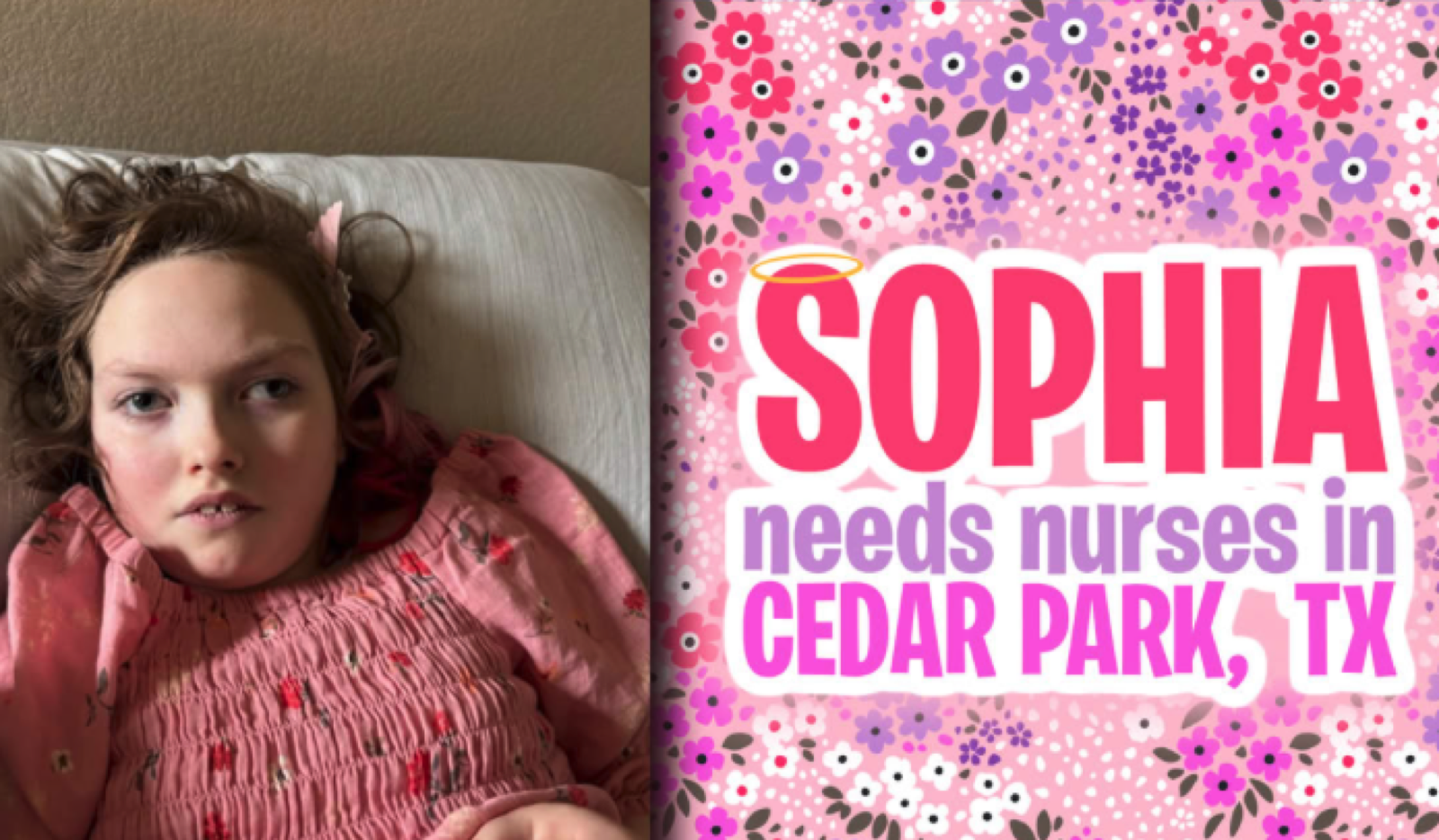 Sophia beside a floral recruitment message reading Sophia needs nurses in Cedar Park, Texas