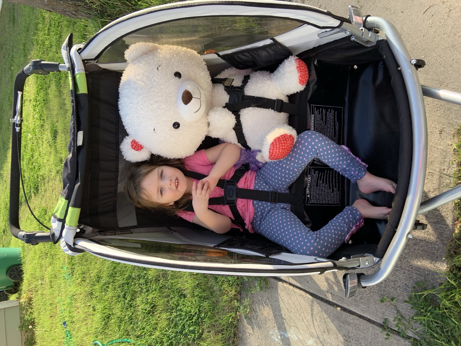 Sophia seated beside a large teddy bear in a transportation trailer in 2019