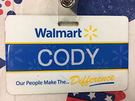 Walmart name badge for Cody